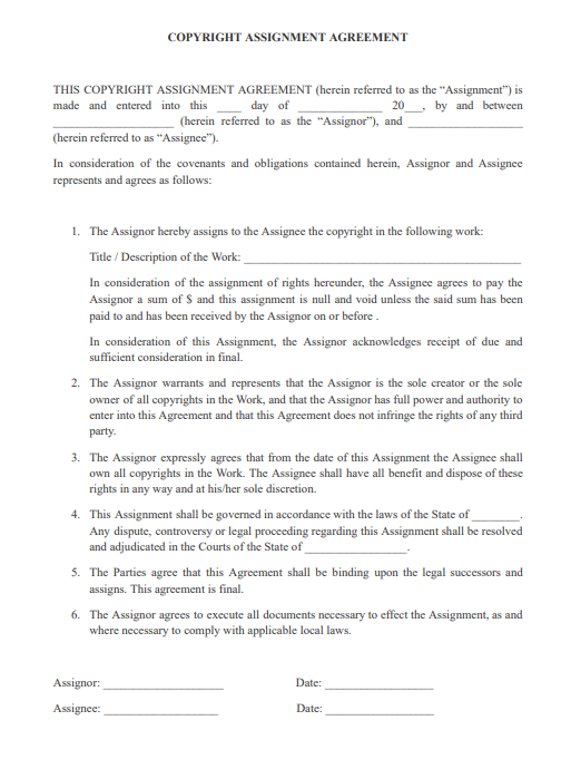 copyright assignment agreement template india